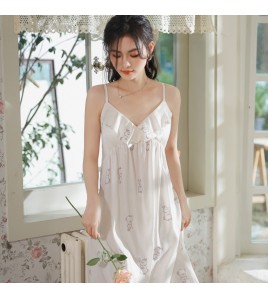PRDN121100079 薄款吊帶睡裙女夏季印花可愛中長款冰絲睡衣裙帶胸墊可外穿家居服