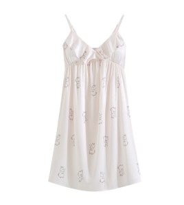 PRDN121100079 薄款吊帶睡裙女夏季印花可愛中長款冰絲睡衣裙帶胸墊可外穿家居服