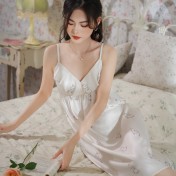 PRDN121100079 薄款吊帶睡裙女夏季印花可愛中長款冰絲睡衣裙帶胸墊可外穿家居服