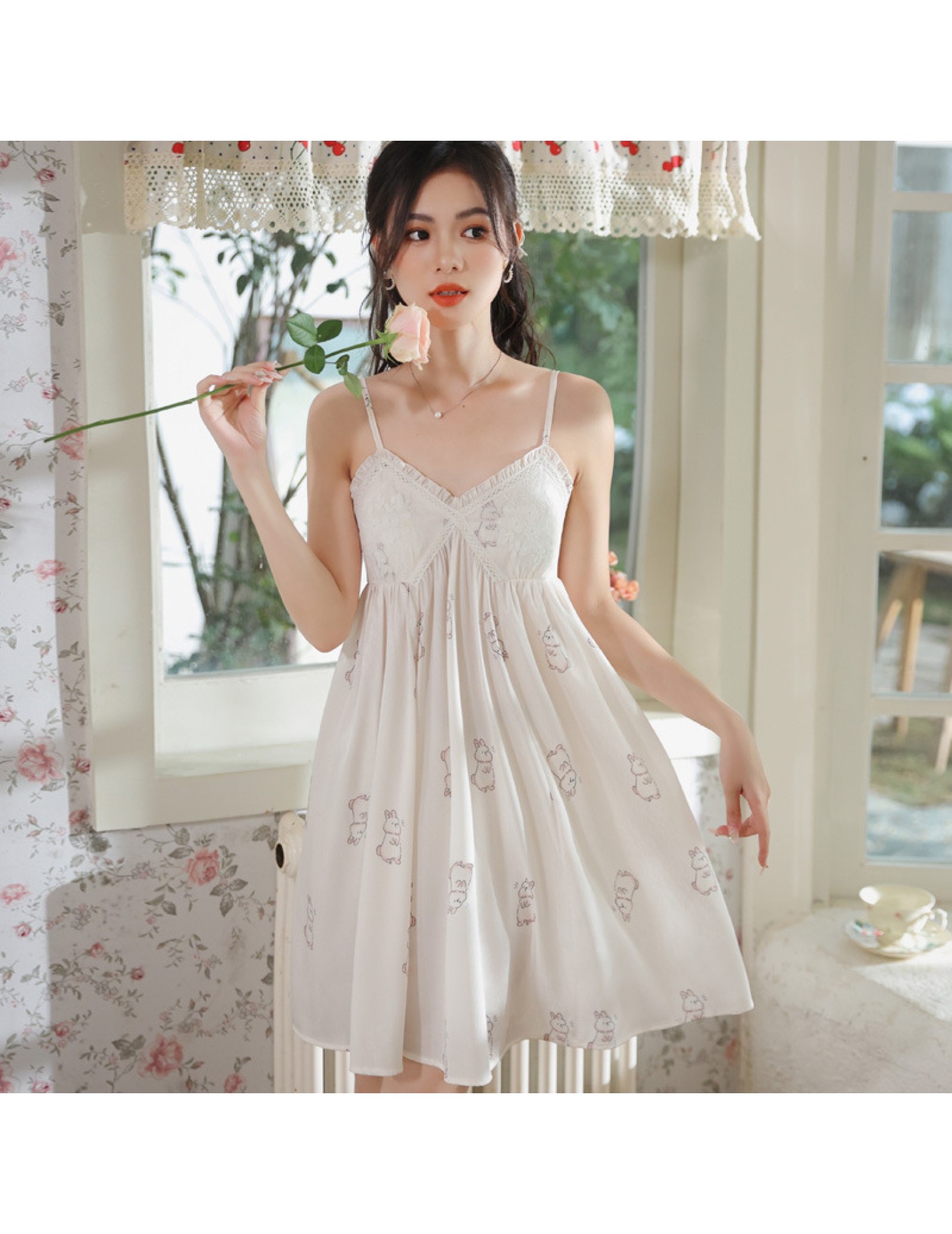 PRDN121100080 薄款吊帶睡裙女夏季印花宮廷風短款冰絲睡衣裙帶胸墊可外穿家居服