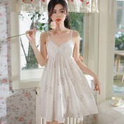 PRDN121100080 薄款吊帶睡裙女夏季印花宮廷風短款冰絲睡衣裙帶胸墊可外穿家居服