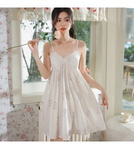 PRDN121100080 薄款吊帶睡裙女夏季印花宮廷風短款冰絲睡衣裙帶胸墊可外穿家居服