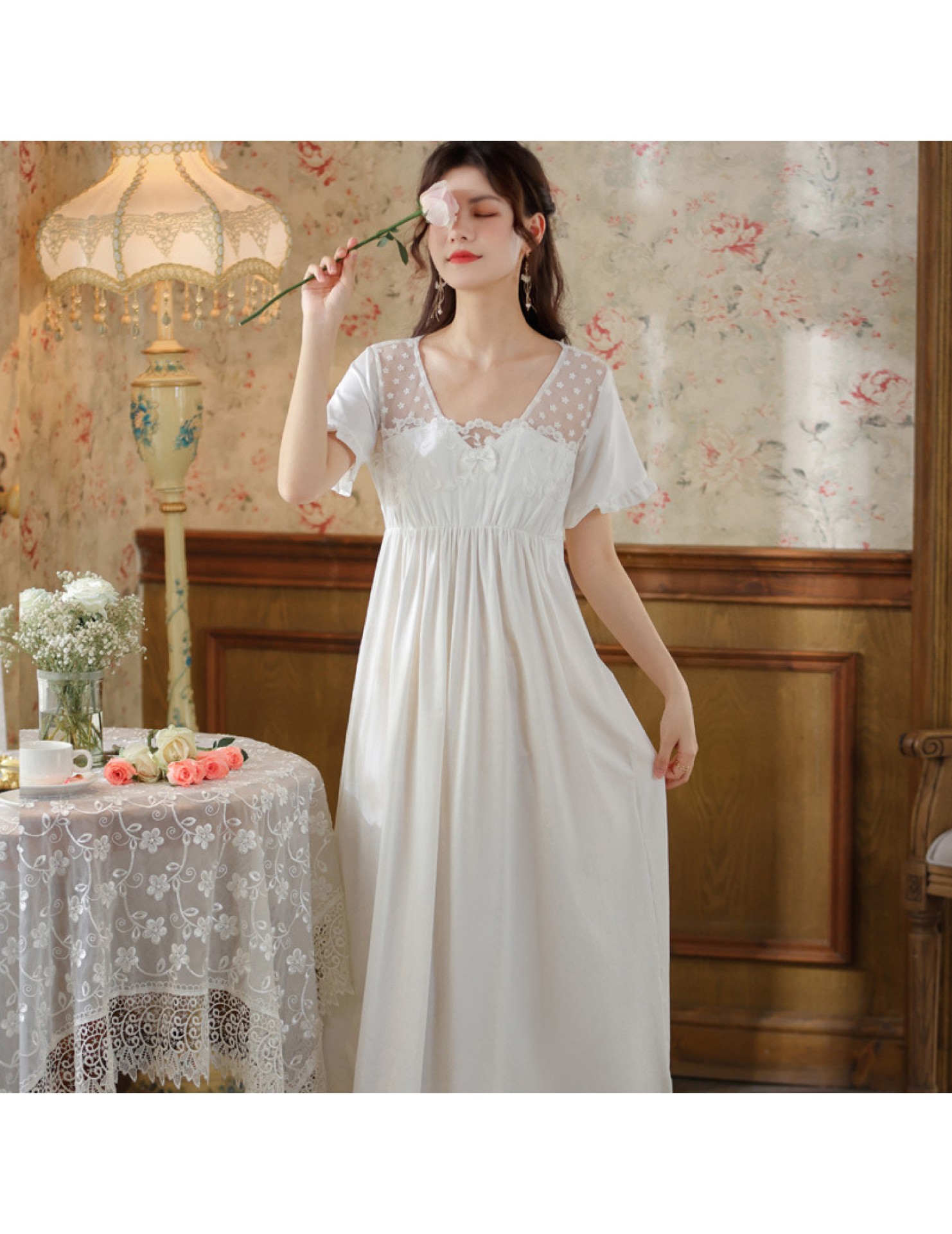 PRDN121100082 短袖睡裙棉女夏宮廷風蕾絲公主睡衣甜美透氣柔軟舒適可外穿家居服