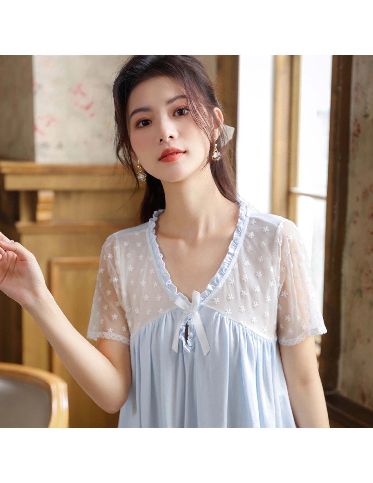 PRDN121100083 短袖睡裙女夏棉宮廷風甜美蕾絲繡花少女睡衣寬松大碼可外穿家居服