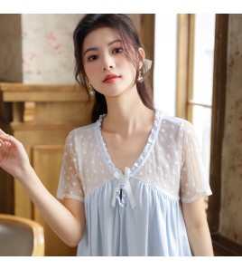 PRDN121100083 短袖睡裙女夏棉宮廷風甜美蕾絲繡花少女睡衣寬松大碼可外穿家居服