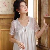 PRDN121100083 短袖睡裙女夏棉宮廷風甜美蕾絲繡花少女睡衣寬松大碼可外穿家居服