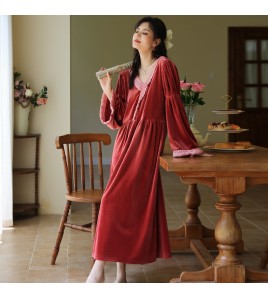 PRDN121100084 長袖睡裙女金絲絨長款睡衣宮廷風加絨保暖公主外穿法式家居服秋冬