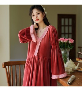 PRDN121100084 長袖睡裙女金絲絨長款睡衣宮廷風加絨保暖公主外穿法式家居服秋冬