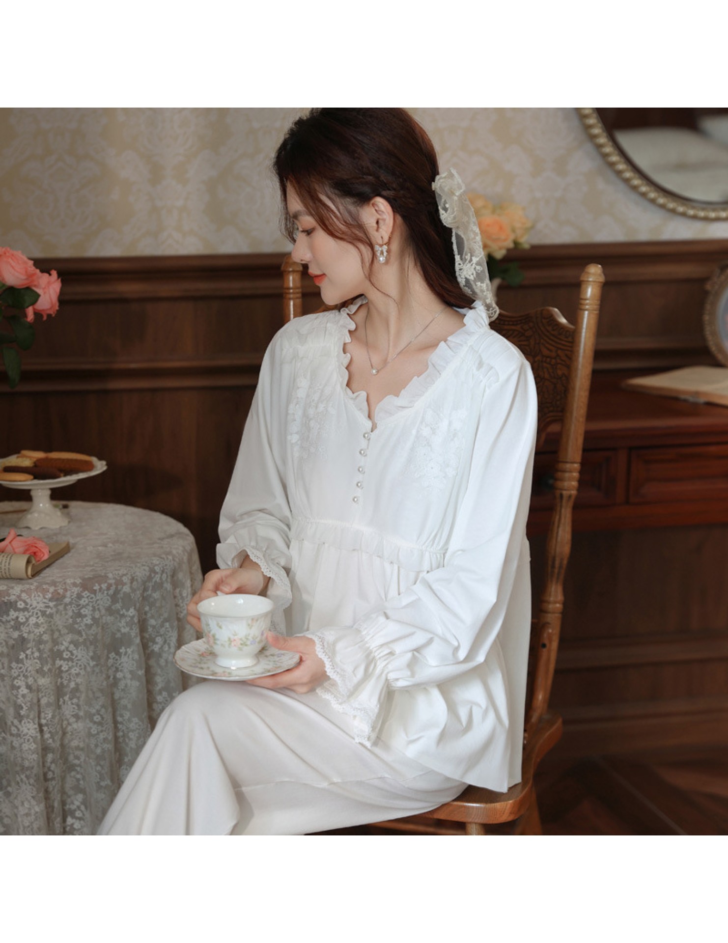 PRDN121100085 長袖睡衣睡褲兩件套棉宮廷風蕾絲法式寬松可外穿家居服套裝春秋季