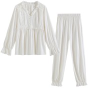 PRDN121100085 長袖睡衣睡褲兩件套棉宮廷風蕾絲法式寬松可外穿家居服套裝春秋季