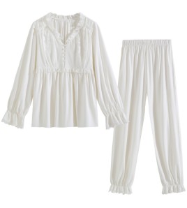 PRDN121100085 長袖睡衣睡褲兩件套棉宮廷風蕾絲法式寬松可外穿家居服套裝春秋季