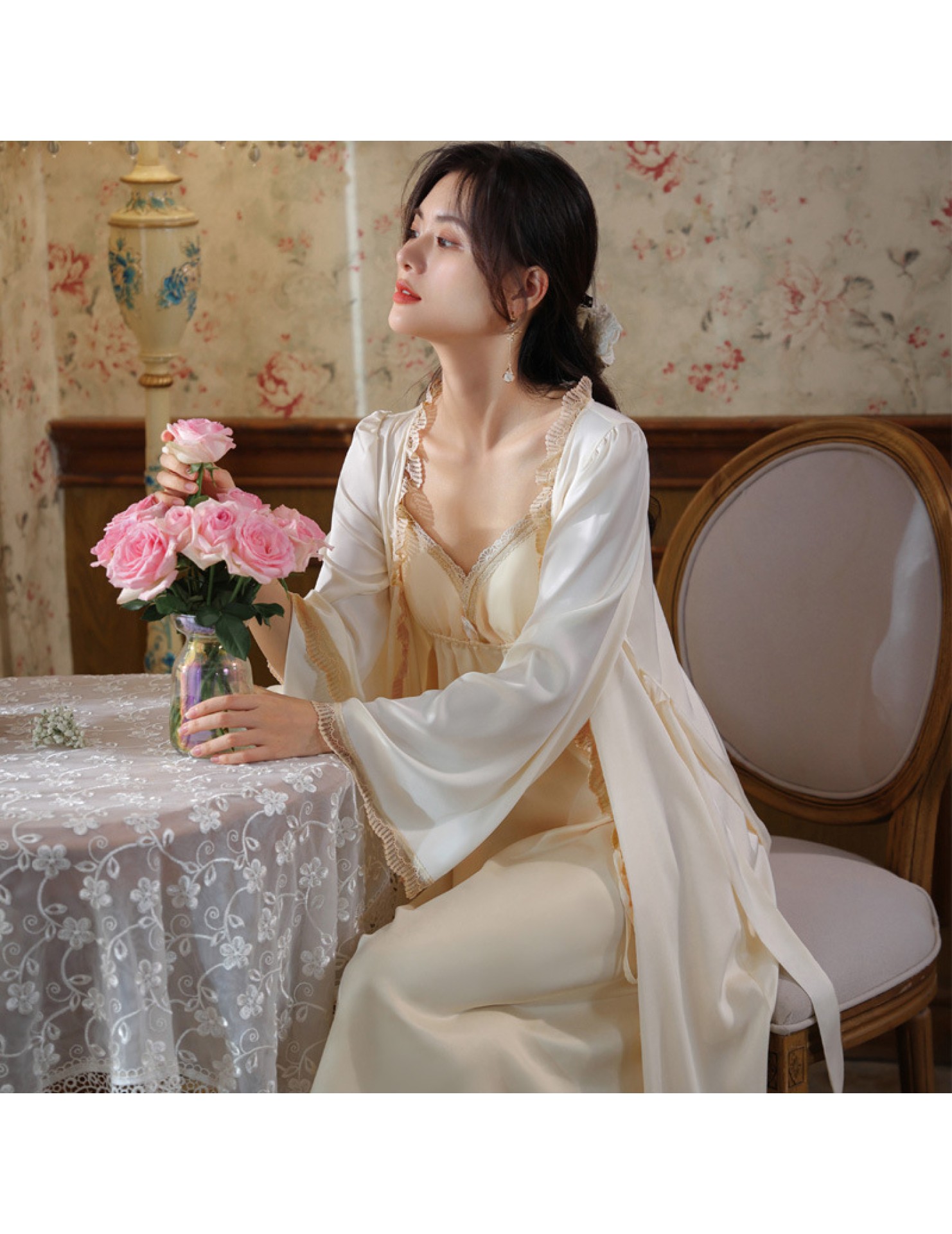 PRDN121100086 長袖睡袍女春仿真絲睡裙兩件套宮廷風睡衣胸墊外穿家居服套裝秋冬