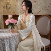PRDN121100086 長袖睡袍女春仿真絲睡裙兩件套宮廷風睡衣胸墊外穿家居服套裝秋冬