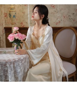 PRDN121100086 長袖睡袍女春仿真絲睡裙兩件套宮廷風睡衣胸墊外穿家居服套裝秋冬