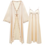 PRDN121100086 長袖睡袍女春仿真絲睡裙兩件套宮廷風睡衣胸墊外穿家居服套裝秋冬