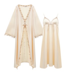 PRDN121100086 長袖睡袍女春仿真絲睡裙兩件套宮廷風睡衣胸墊外穿家居服套裝秋冬