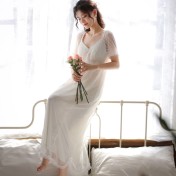 PRDN121100087 短袖網紗睡裙女夏宮廷復古風繡花蕾絲公主睡衣春胸墊外穿家居服秋