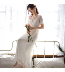 PRDN121100087 短袖網紗睡裙女夏宮廷復古風繡花蕾絲公主睡衣春胸墊外穿家居服秋