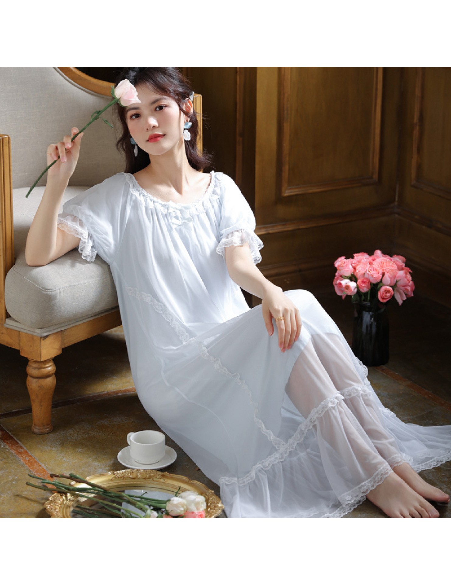 PRDN121100088 短袖網紗睡裙女夏甜美宮廷風睡衣寬松大碼蕾絲公主可外穿家居服秋