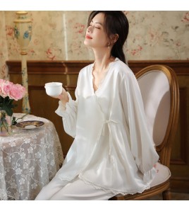 PRDN121100094 長袖睡衣套裝仿真絲宮廷復古風寬松冰絲外穿胸墊家居服三件套秋冬