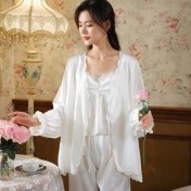 PRDN121100094 長袖睡衣套裝仿真絲宮廷復古風寬松冰絲外穿胸墊家居服三件套秋冬