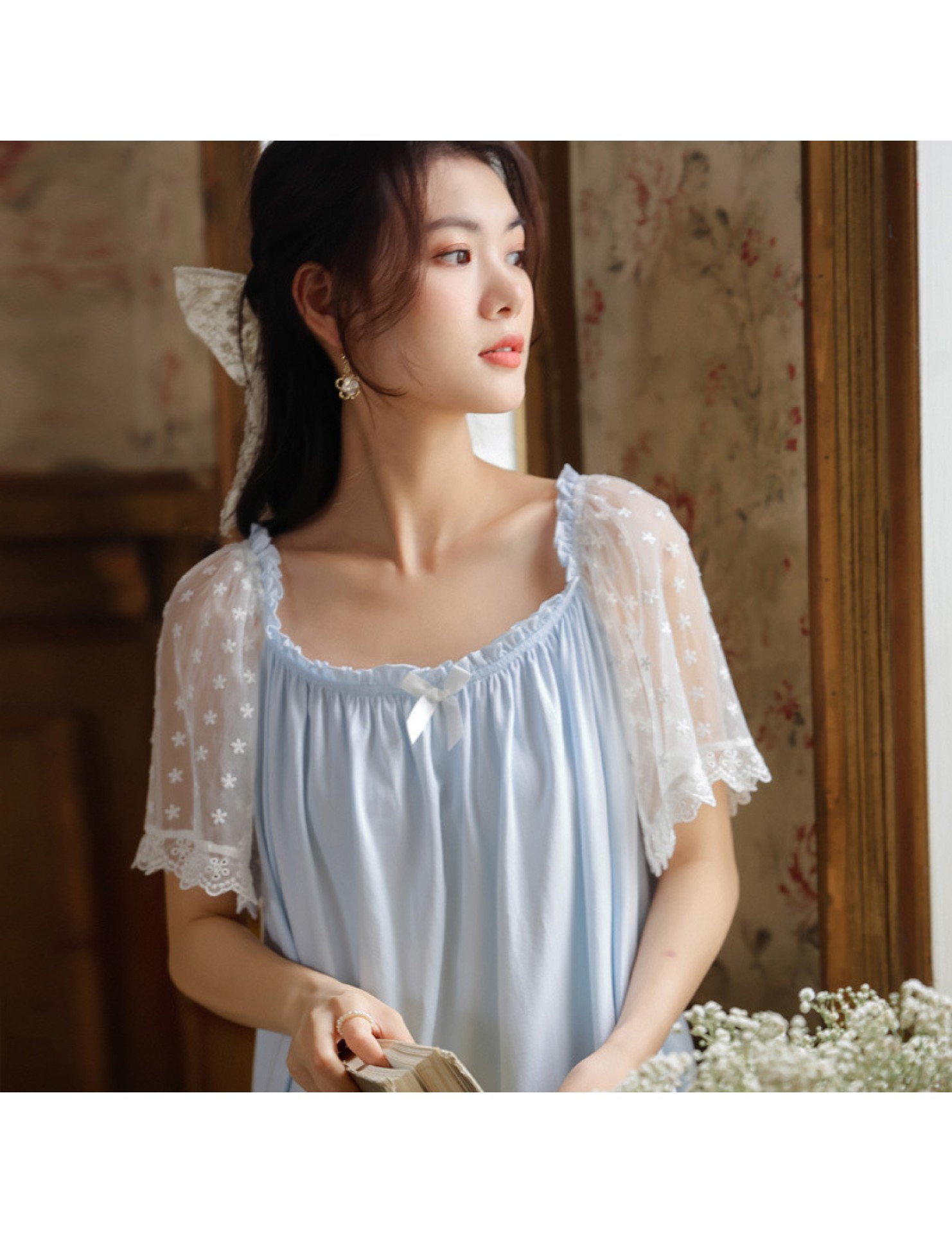 PRDN121100095 短袖睡裙女夏棉宮廷風甜美網紗繡花寬松大碼睡衣透氣可外穿家居服