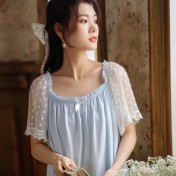 PRDN121100095 短袖睡裙女夏棉宮廷風甜美網紗繡花寬松大碼睡衣透氣可外穿家居服