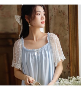 PRDN121100095 短袖睡裙女夏棉宮廷風甜美網紗繡花寬松大碼睡衣透氣可外穿家居服