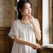 PRDN121100095 短袖睡裙女夏棉宮廷風甜美網紗繡花寬松大碼睡衣透氣可外穿家居服