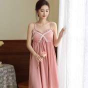 PRDN121100096 吊帶睡裙女夏季冰絲綢甜辣純欲長款法式睡衣裙帶胸墊可外穿家居服