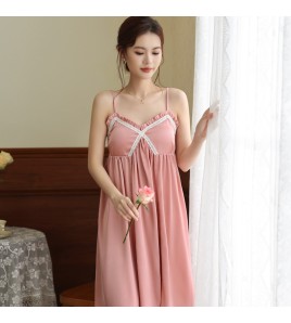 PRDN121100096 吊帶睡裙女夏季冰絲綢甜辣純欲長款法式睡衣裙帶胸墊可外穿家居服