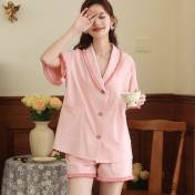 PRDN121100097 短袖睡衣女夏棉睡褲兩件套寬松大碼開衫半袖法式可外穿家居服套裝