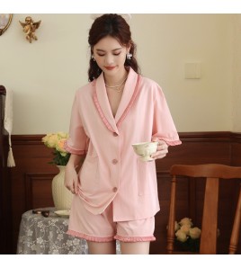 PRDN121100097 短袖睡衣女夏棉睡褲兩件套寬松大碼開衫半袖法式可外穿家居服套裝
