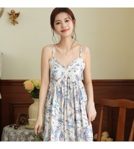 PRDN121100098 吊帶睡裙女夏季冰絲綢甜辣純欲印花法式睡衣裙帶胸墊可外穿家居服