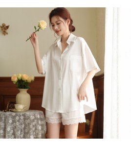 PRDN121100099 短袖睡衣女夏冰絲綢睡褲兩件套仿真絲男友風襯衣可外穿性感家居服