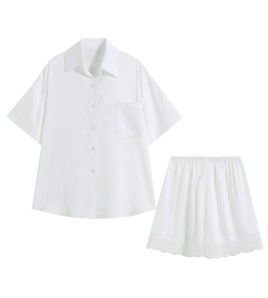 PRDN121100099 短袖睡衣女夏冰絲綢睡褲兩件套仿真絲男友風襯衣可外穿性感家居服