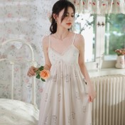 PRDN121100102 薄款吊帶睡裙女夏季可愛宮廷風長款冰絲睡衣裙帶胸墊可外穿家居服