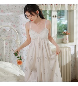 PRDN121100102 薄款吊帶睡裙女夏季可愛宮廷風長款冰絲睡衣裙帶胸墊可外穿家居服