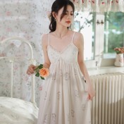 PRDN121100103 薄款吊帶睡裙女夏季印花宮廷風長款冰絲睡衣裙帶胸墊可外穿家居服