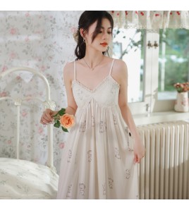 PRDN121100103 薄款吊帶睡裙女夏季印花宮廷風長款冰絲睡衣裙帶胸墊可外穿家居服