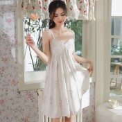 PRDN121100103 薄款吊帶睡裙女夏季印花宮廷風長款冰絲睡衣裙帶胸墊可外穿家居服