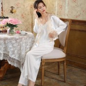 PRDN121100104 長袖睡衣套裝仿真絲宮廷復古風寬松冰絲外穿胸墊家居服三件套秋冬