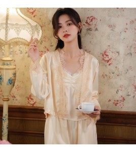 PRDN121100104 長袖睡衣套裝仿真絲宮廷復古風寬松冰絲外穿胸墊家居服三件套秋冬