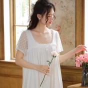PRDN121100106 短袖睡裙女夏棉宮廷風甜美寬松大碼可外穿家居服柔軟舒適蕾絲睡衣