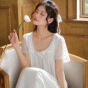 PRDN121100106 短袖睡裙女夏棉宮廷風甜美寬松大碼可外穿家居服柔軟舒適蕾絲睡衣