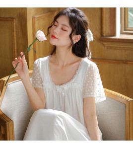 PRDN121100106 短袖睡裙女夏棉宮廷風甜美寬松大碼可外穿家居服柔軟舒適蕾絲睡衣