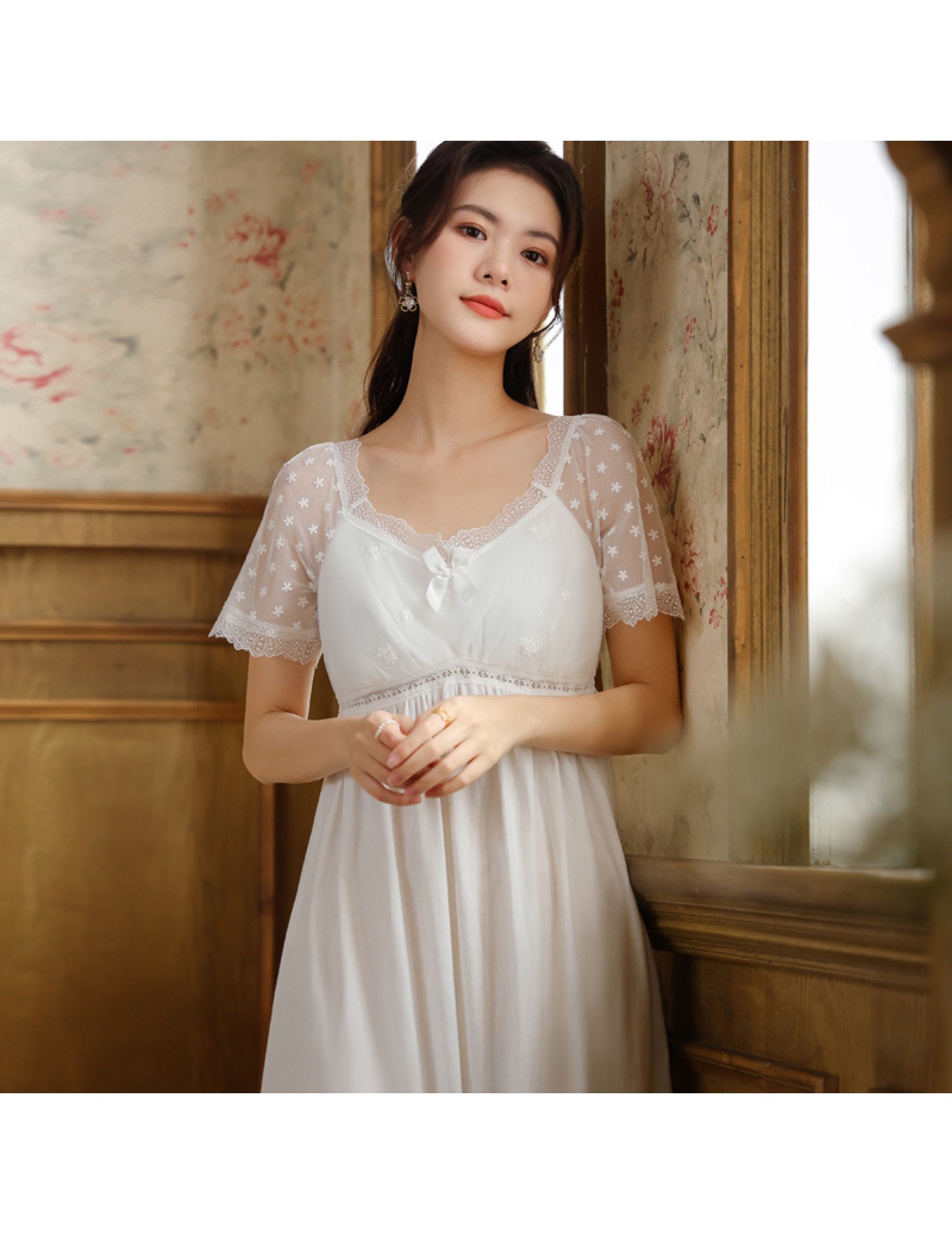 PRDN121100107 短袖睡裙女夏季棉宮廷風蕾絲公主睡衣柔軟舒適帶胸墊可外穿家居服