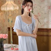 PRDN121100108 短袖睡裙女夏棉宮廷風氣質蕾絲睡衣甜美寬松大碼舒適可外穿家居服