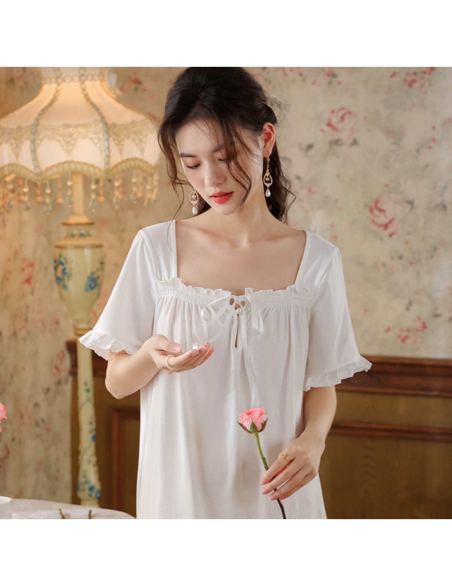 PRDN121100108 短袖睡裙女夏棉宮廷風氣質蕾絲睡衣甜美寬松大碼舒適可外穿家居服