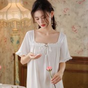PRDN121100108 短袖睡裙女夏棉宮廷風氣質蕾絲睡衣甜美寬松大碼舒適可外穿家居服